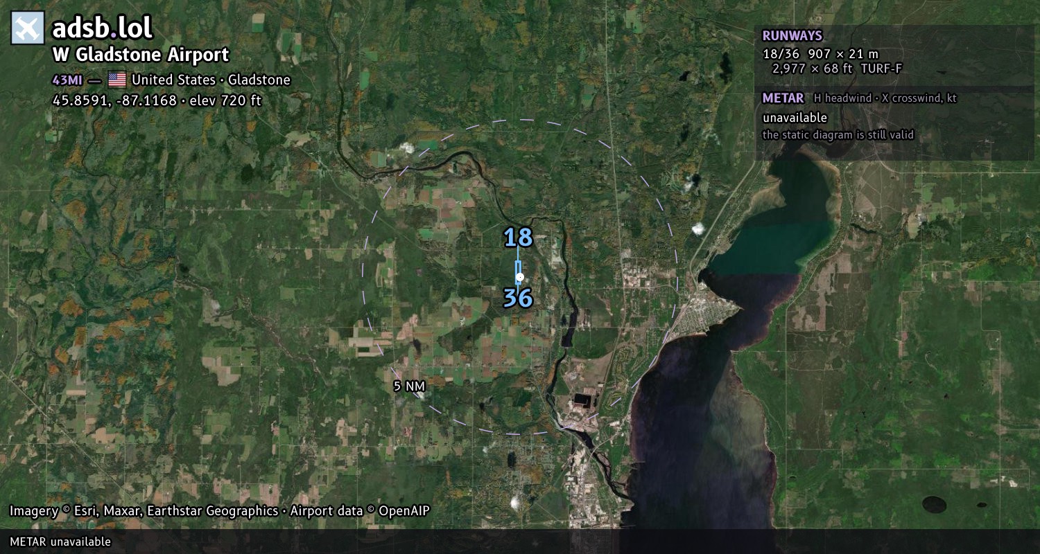 Satellite map with the runway layout of W Gladstone Airport (43MI)