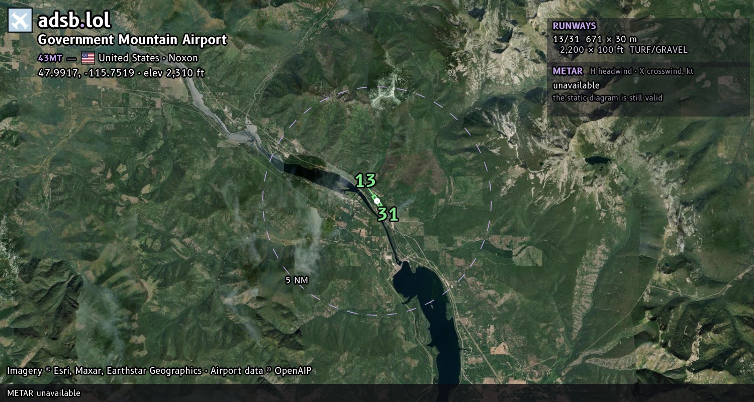 Satellite map with the runway layout of Government Mountain Airport (43MT)