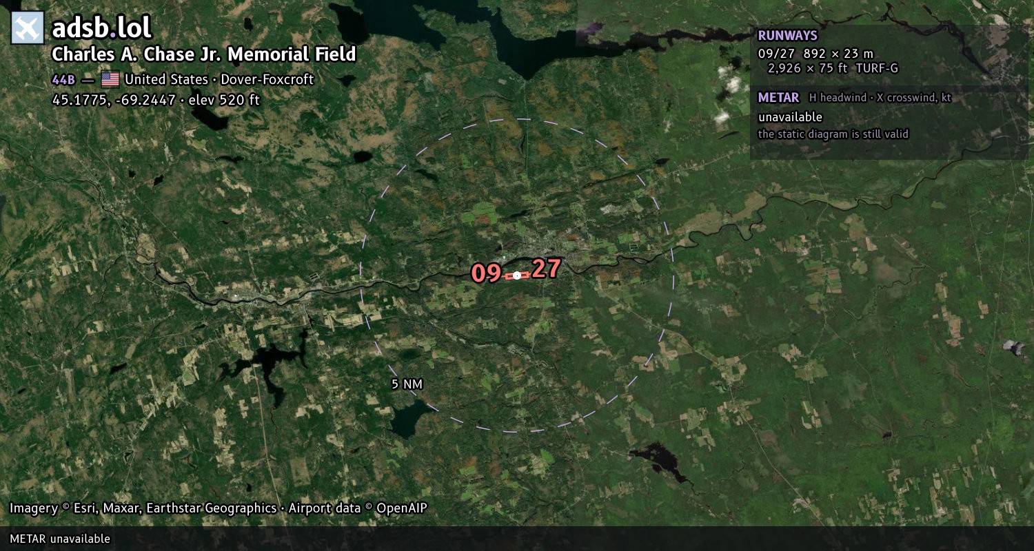 Satellite map with the runway layout of Charles A. Chase Jr. Memorial Field (44B)