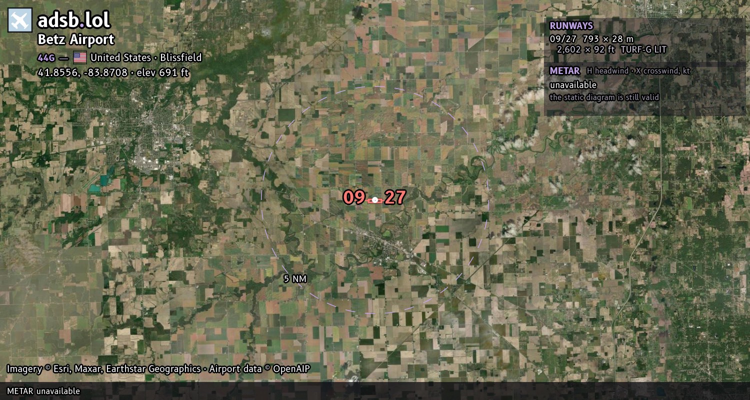 Satellite map with the runway layout of Betz Airport (44G)