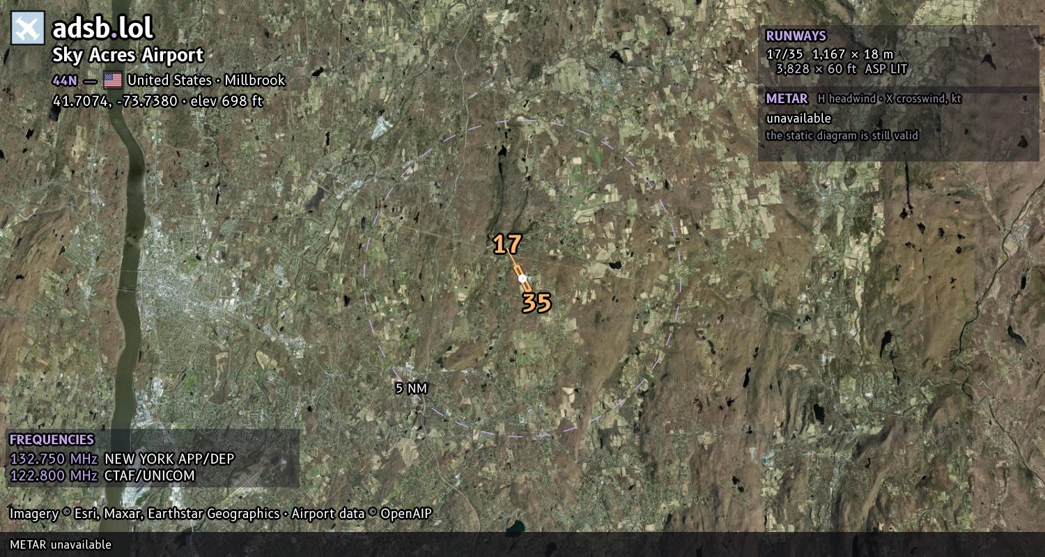 Satellite map with the runway layout of Sky Acres Airport (44N)