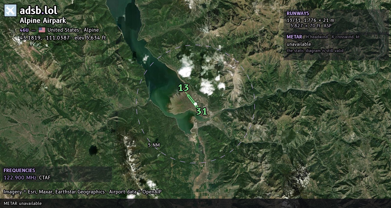 Satellite map with the runway layout of Alpine Airpark (46U)