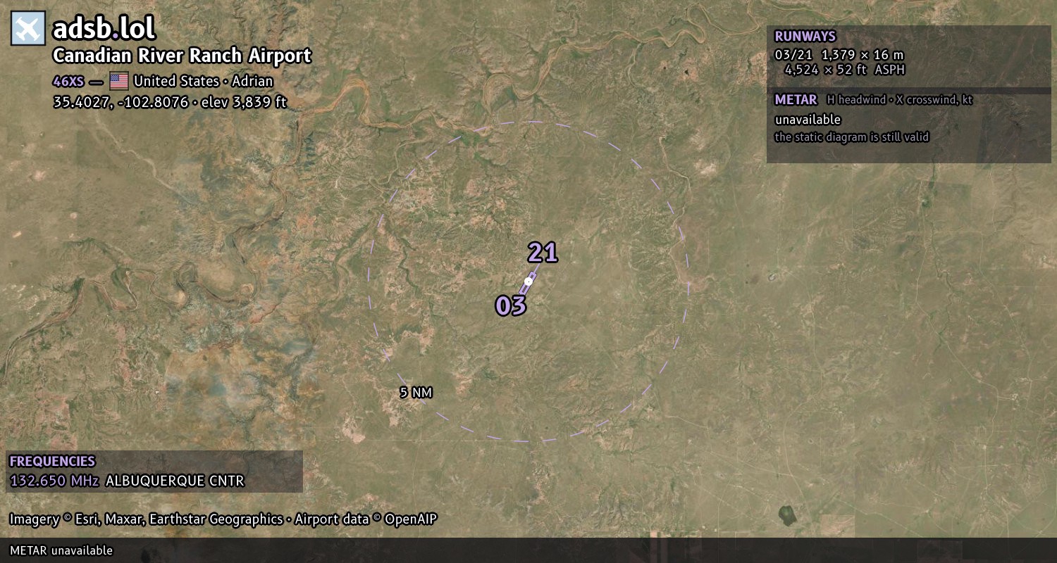 Satellite map with the runway layout of Canadian River Ranch Airport (46XS)