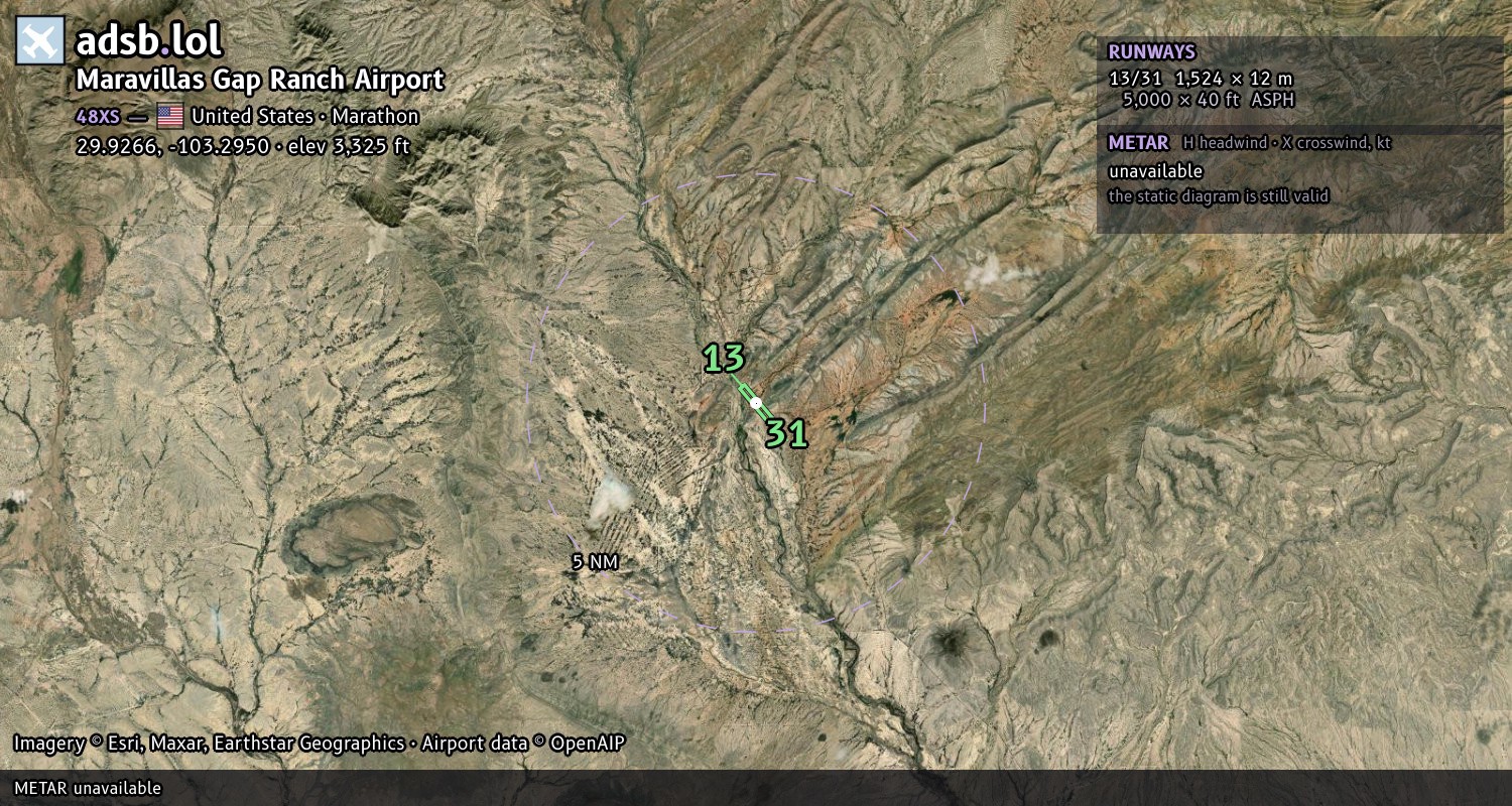 Satellite map with the runway layout of Maravillas Gap Ranch Airport (48XS)