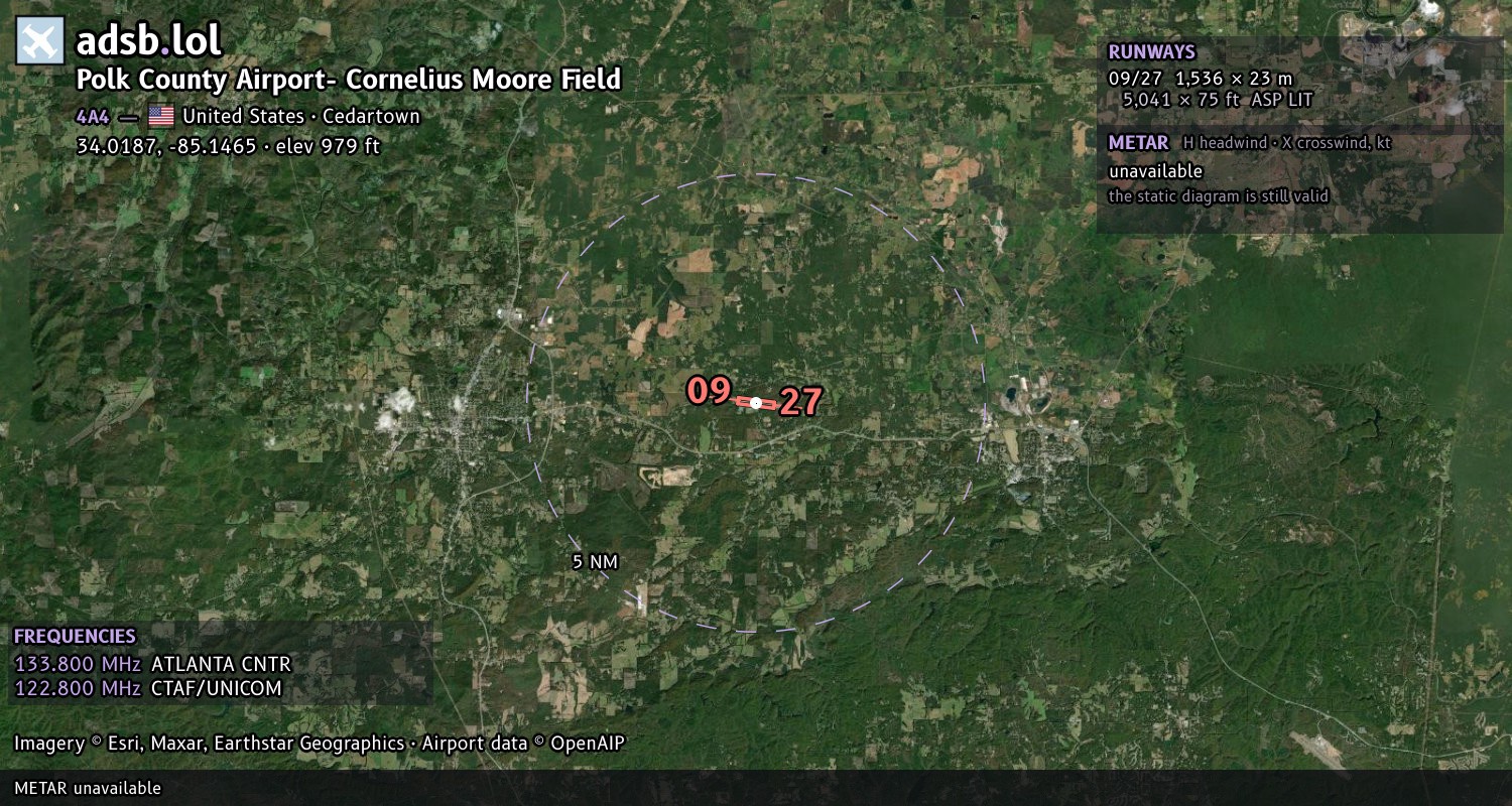 Satellite map with the runway layout of Polk County Airport- Cornelius Moore Field (4A4)
