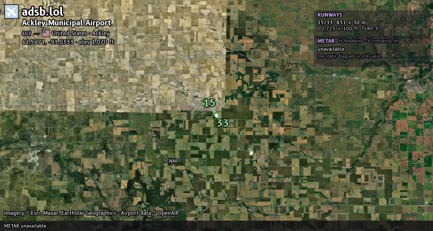 Satellite map with the runway layout of Ackley Municipal Airport (4C7)