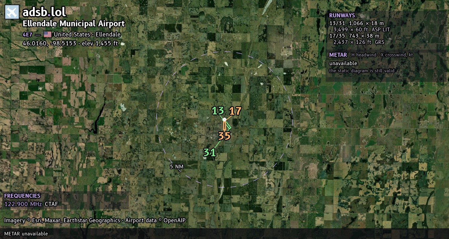 Satellite map with the runway layout of Ellendale Municipal Airport (4E7)