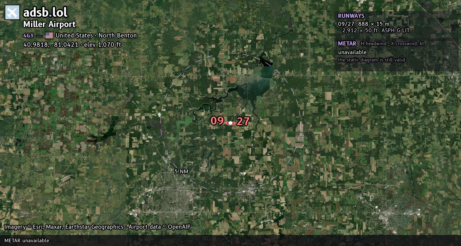 Satellite map with the runway layout of Miller Airport (4G3)