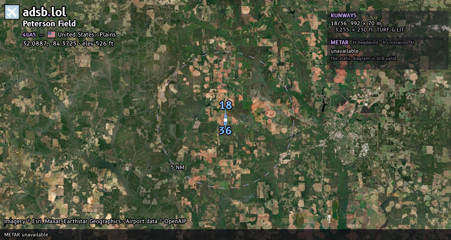 Satellite map with the runway layout of Peterson Field (4GA5)