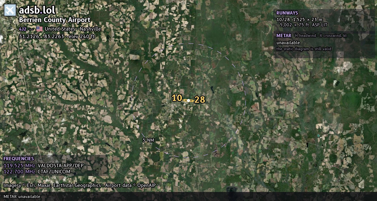 Satellite map with the runway layout of Berrien County Airport (4J2)