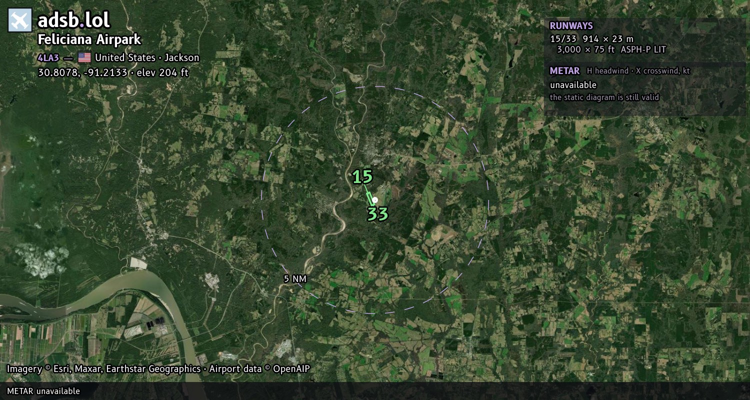 Satellite map with the runway layout of Feliciana Airpark (4LA3)
