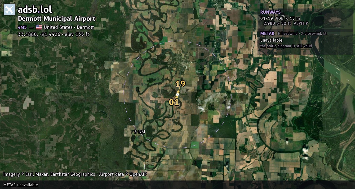 Satellite map with the runway layout of Dermott Municipal Airport (4M5)