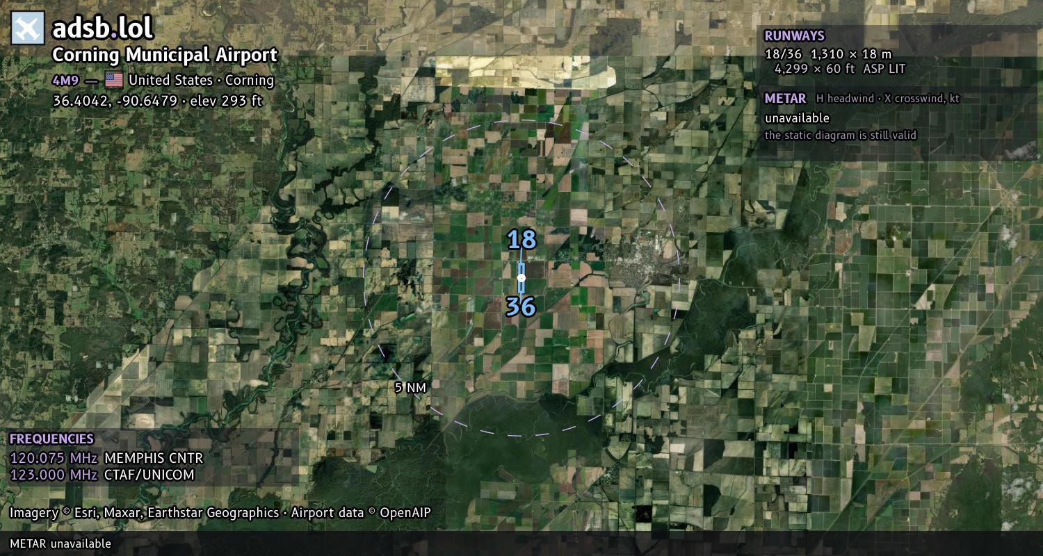 Satellite map with the runway layout of Corning Municipal Airport (4M9)