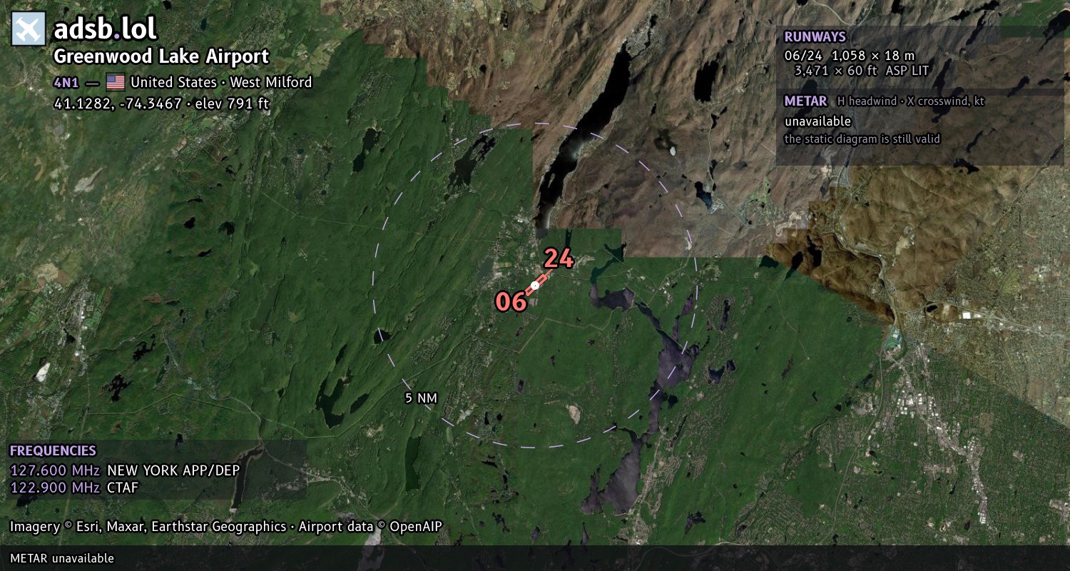 Satellite map with the runway layout of Greenwood Lake Airport (4N1)