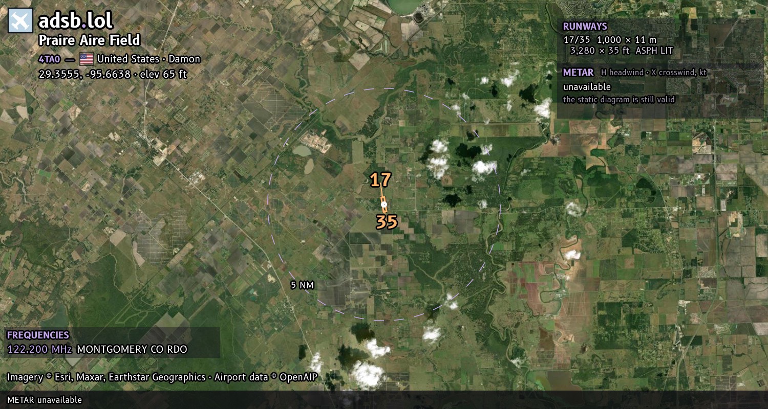 Satellite map with the runway layout of Praire Aire Field (4TA0)