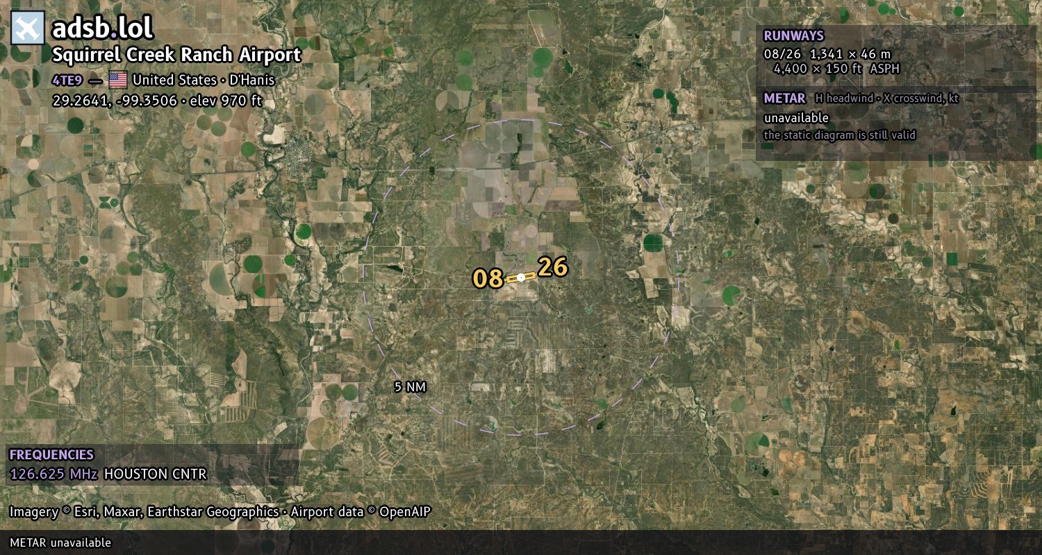 Satellite map with the runway layout of Squirrel Creek Ranch Airport (4TE9)
