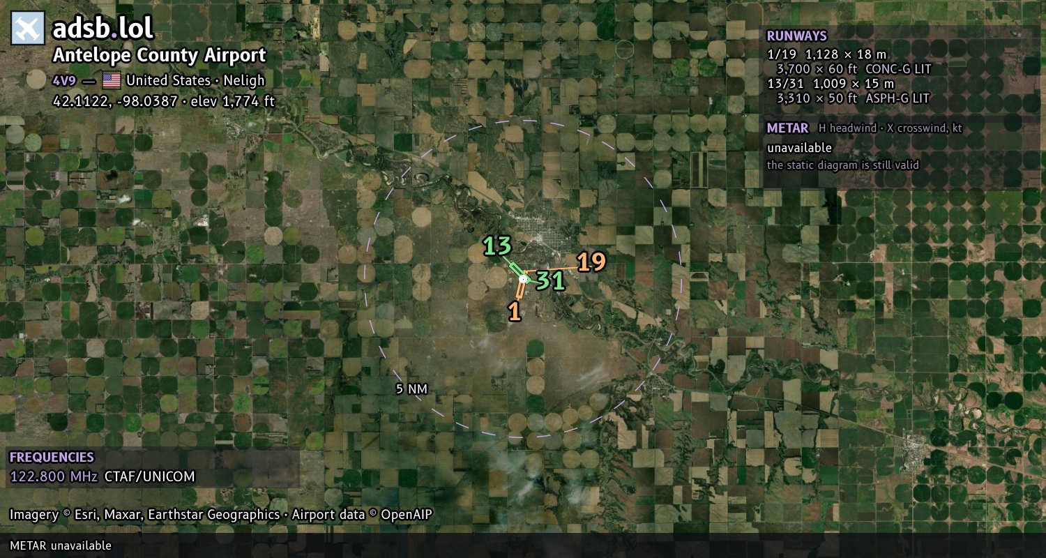 Satellite map with the runway layout of Antelope County Airport (4V9)
