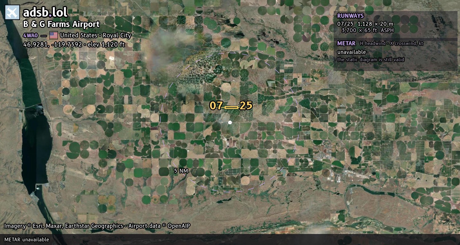 Satellite map with the runway layout of B & G Farms Airport (4WA0)