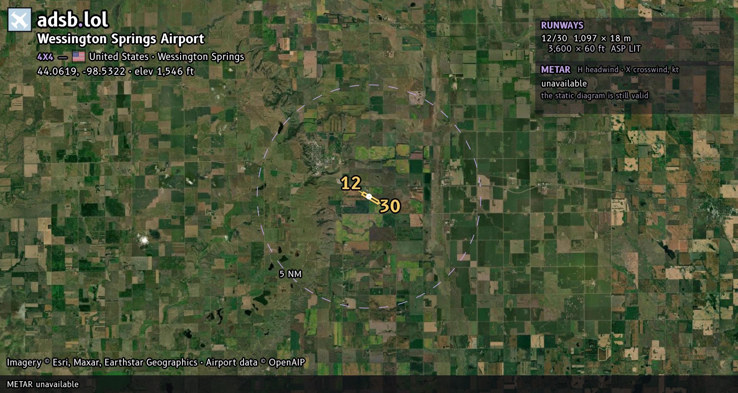 Satellite map with the runway layout of Wessington Springs Airport (4X4)