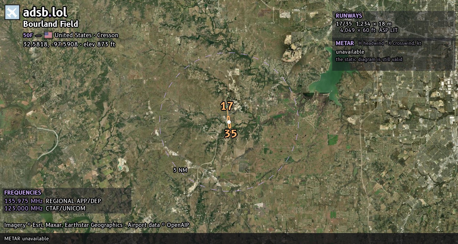 Satellite map with the runway layout of Bourland Field (50F)