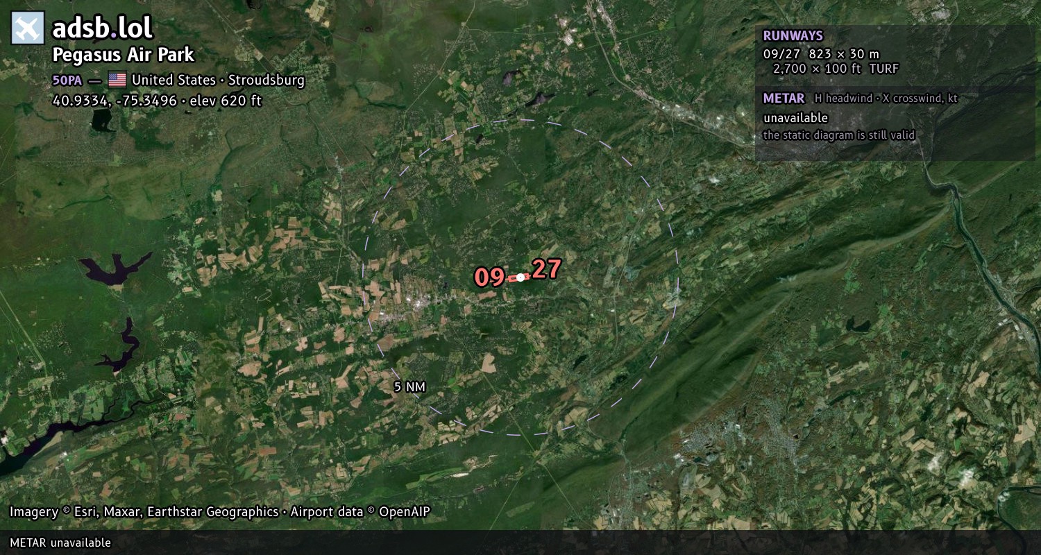 Satellite map with the runway layout of Pegasus Air Park (50PA)