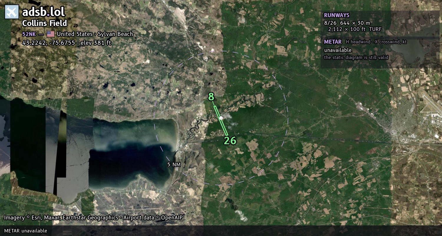Satellite map with the runway layout of Collins Field (52NK)
