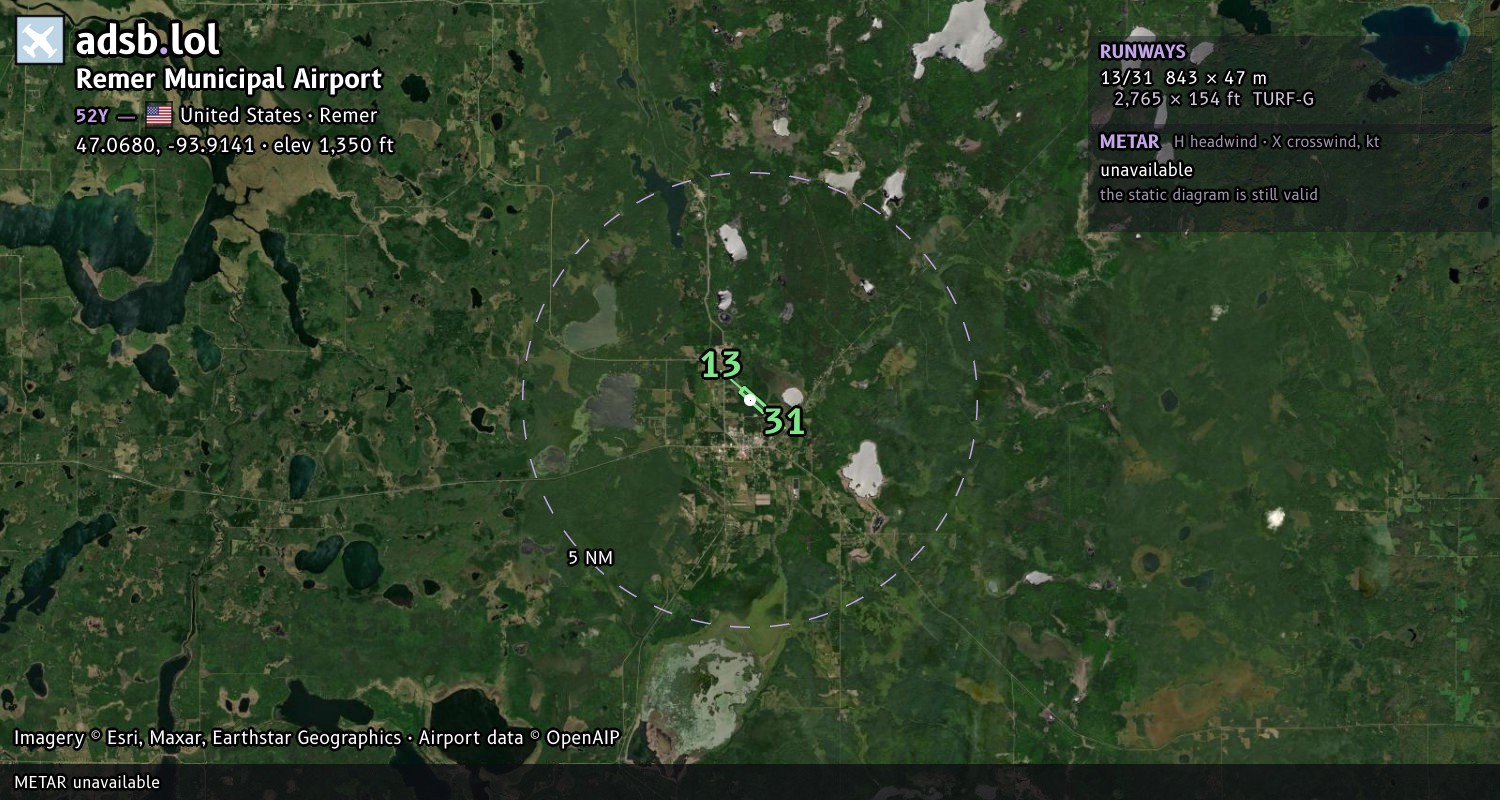 Satellite map with the runway layout of Remer Municipal Airport (52Y)