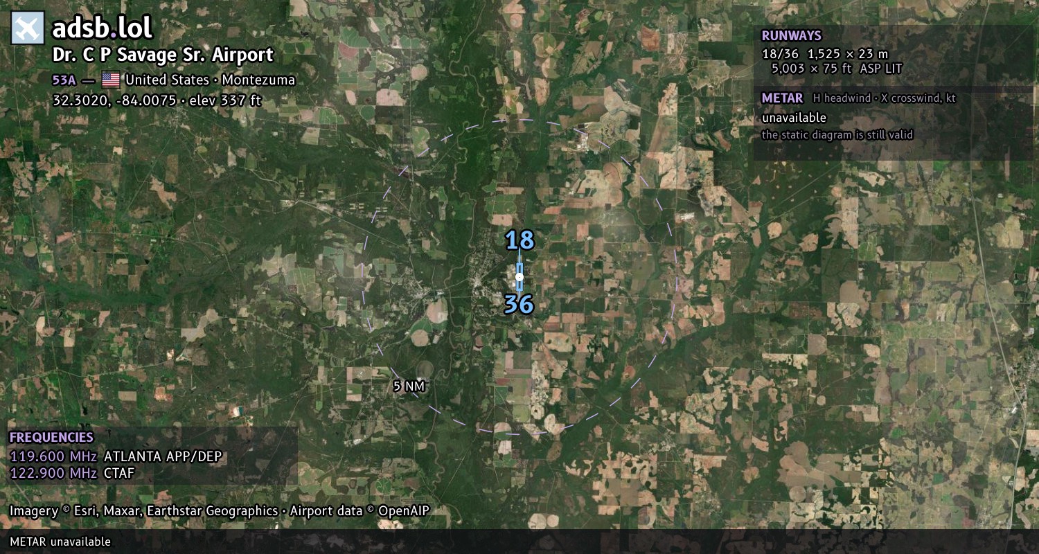 Satellite map with the runway layout of Dr. C P Savage Sr. Airport (53A)