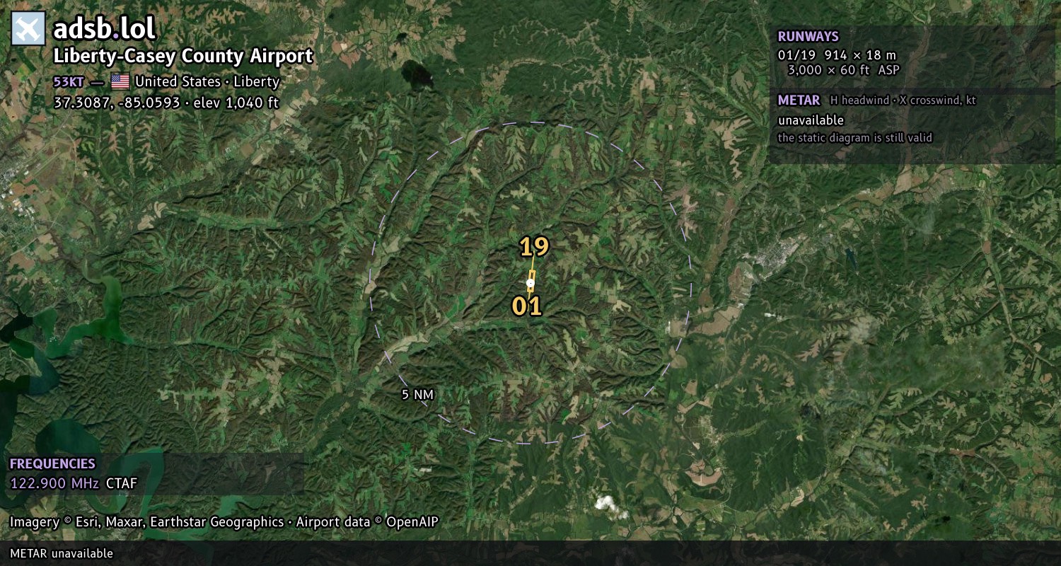 Satellite map with the runway layout of Liberty-Casey County Airport (53KT)