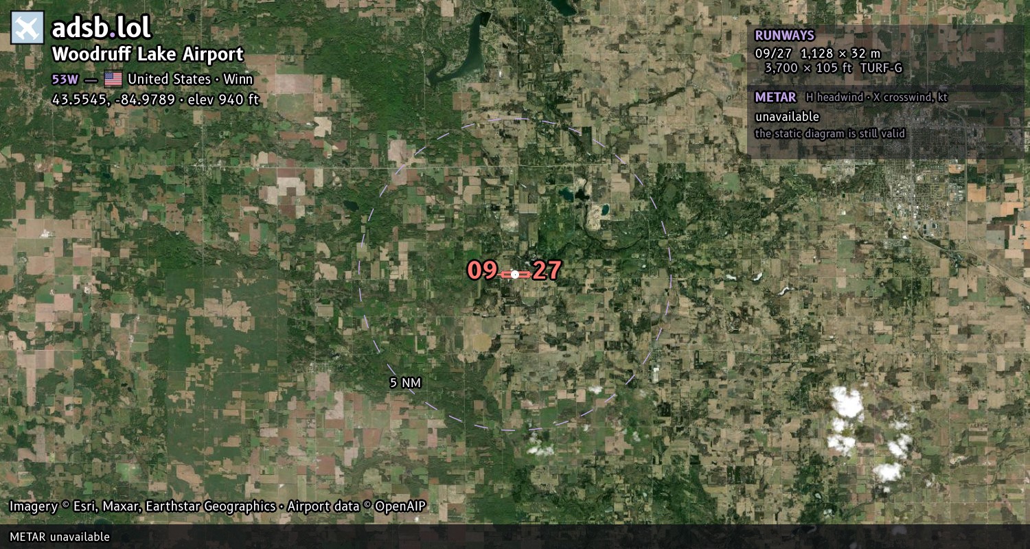 Satellite map with the runway layout of Woodruff Lake Airport (53W)