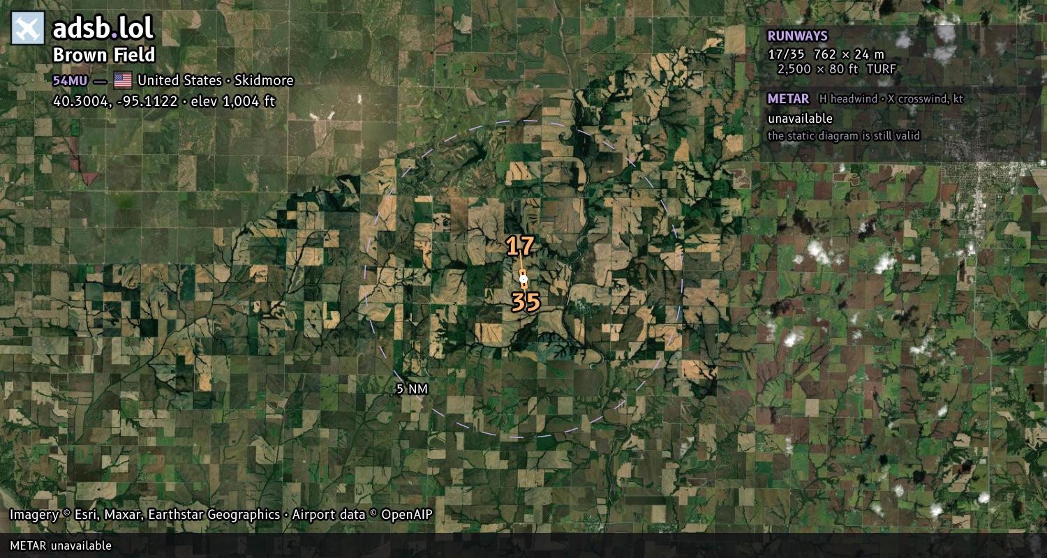 Satellite map with the runway layout of Brown Field (54MU)