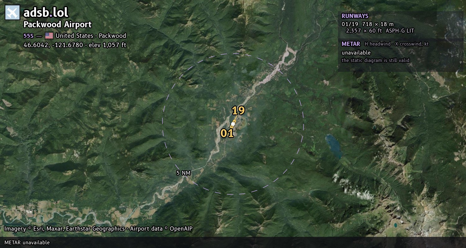 Satellite map with the runway layout of Packwood Airport (55S)