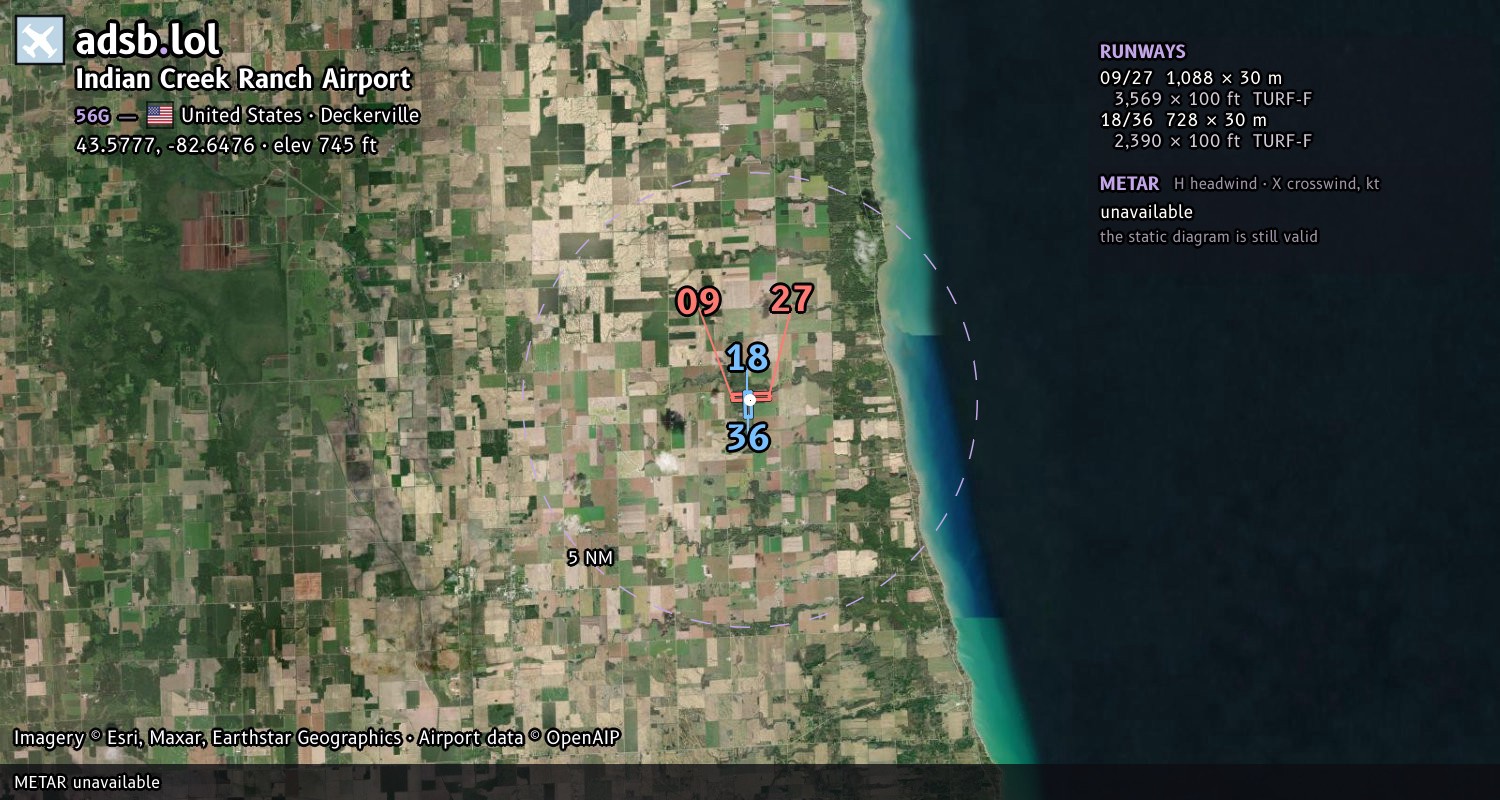 Satellite map with the runway layout of Indian Creek Ranch Airport (56G)