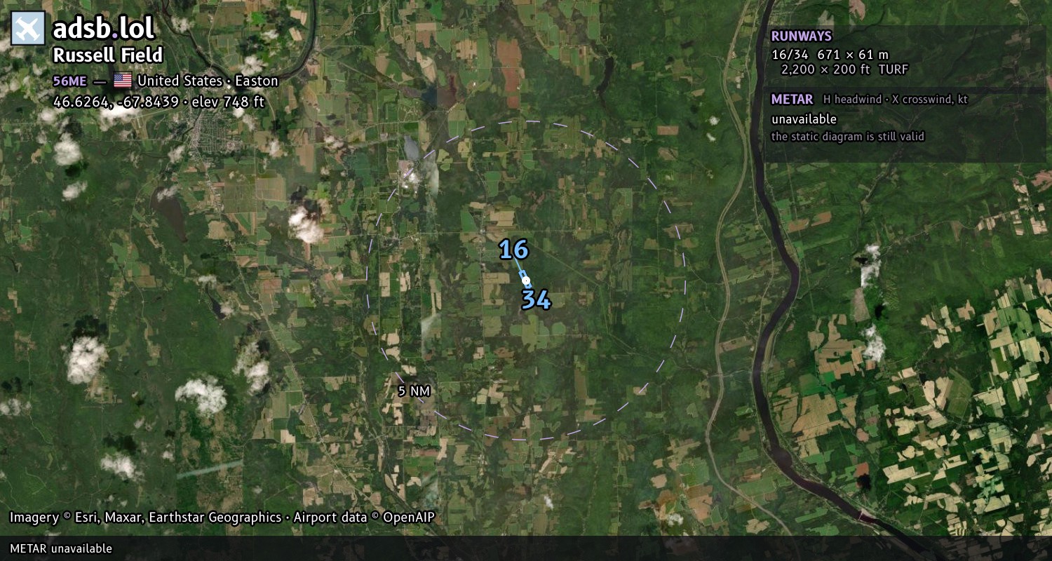 Satellite map with the runway layout of Russell Field (56ME)