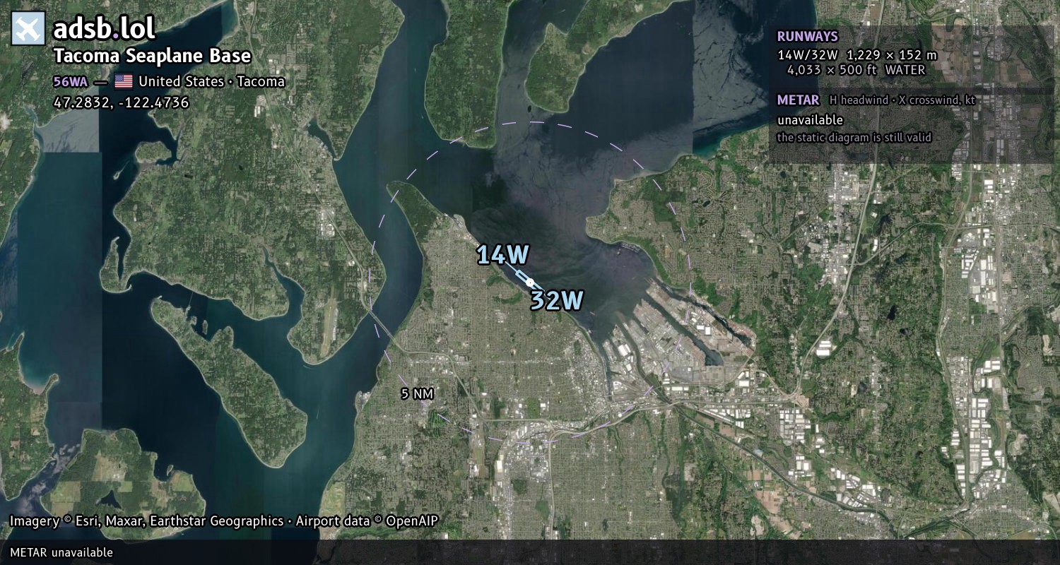Satellite map with the runway layout of Tacoma Seaplane Base (56WA)