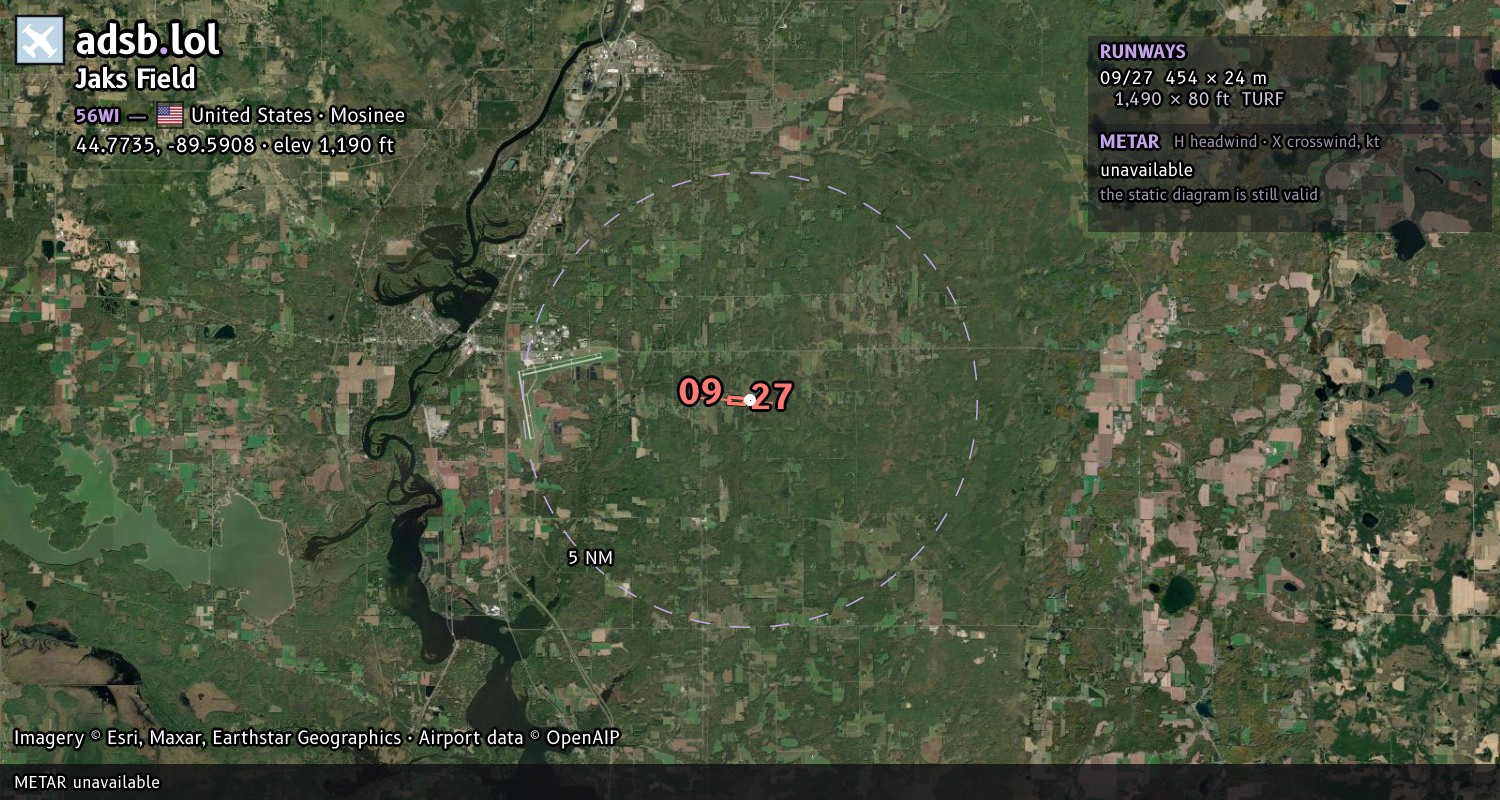 Satellite map with the runway layout of Jaks Field (56WI)