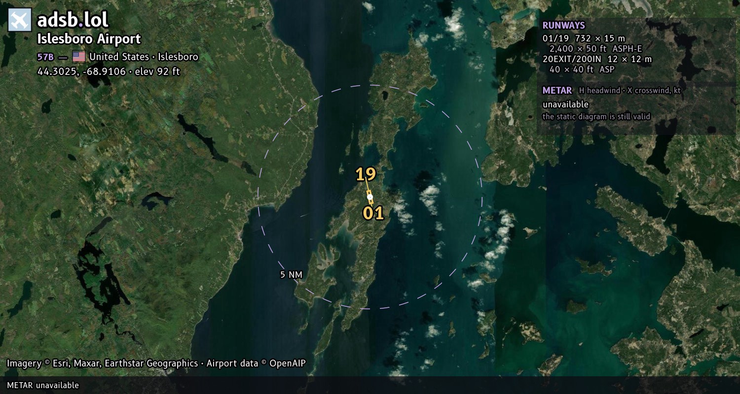 Satellite map with the runway layout of Islesboro Airport (57B)