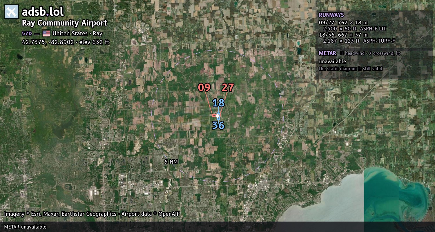 Satellite map with the runway layout of Ray Community Airport (57D)