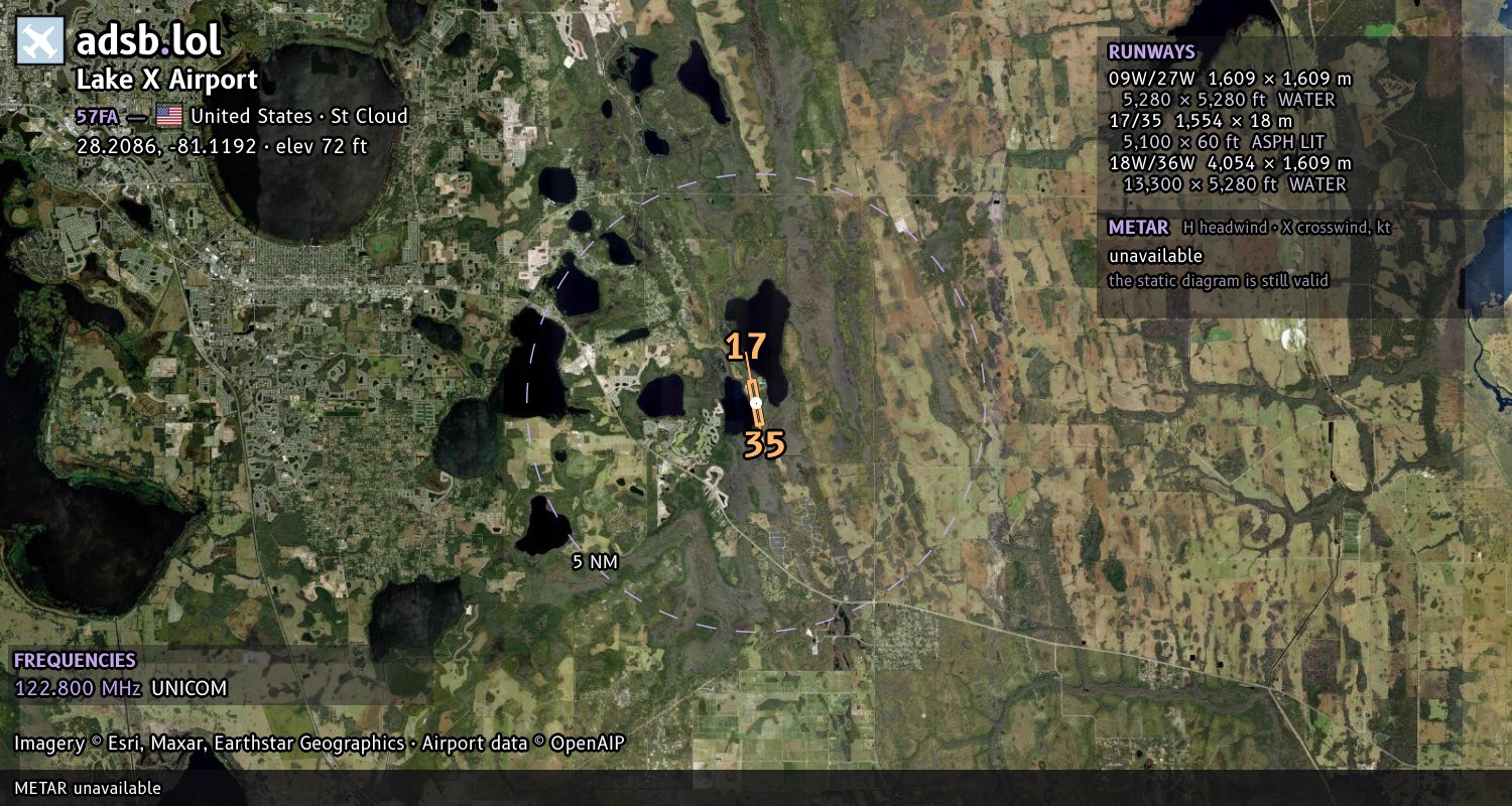 Satellite map with the runway layout of Lake X Airport (57FA)