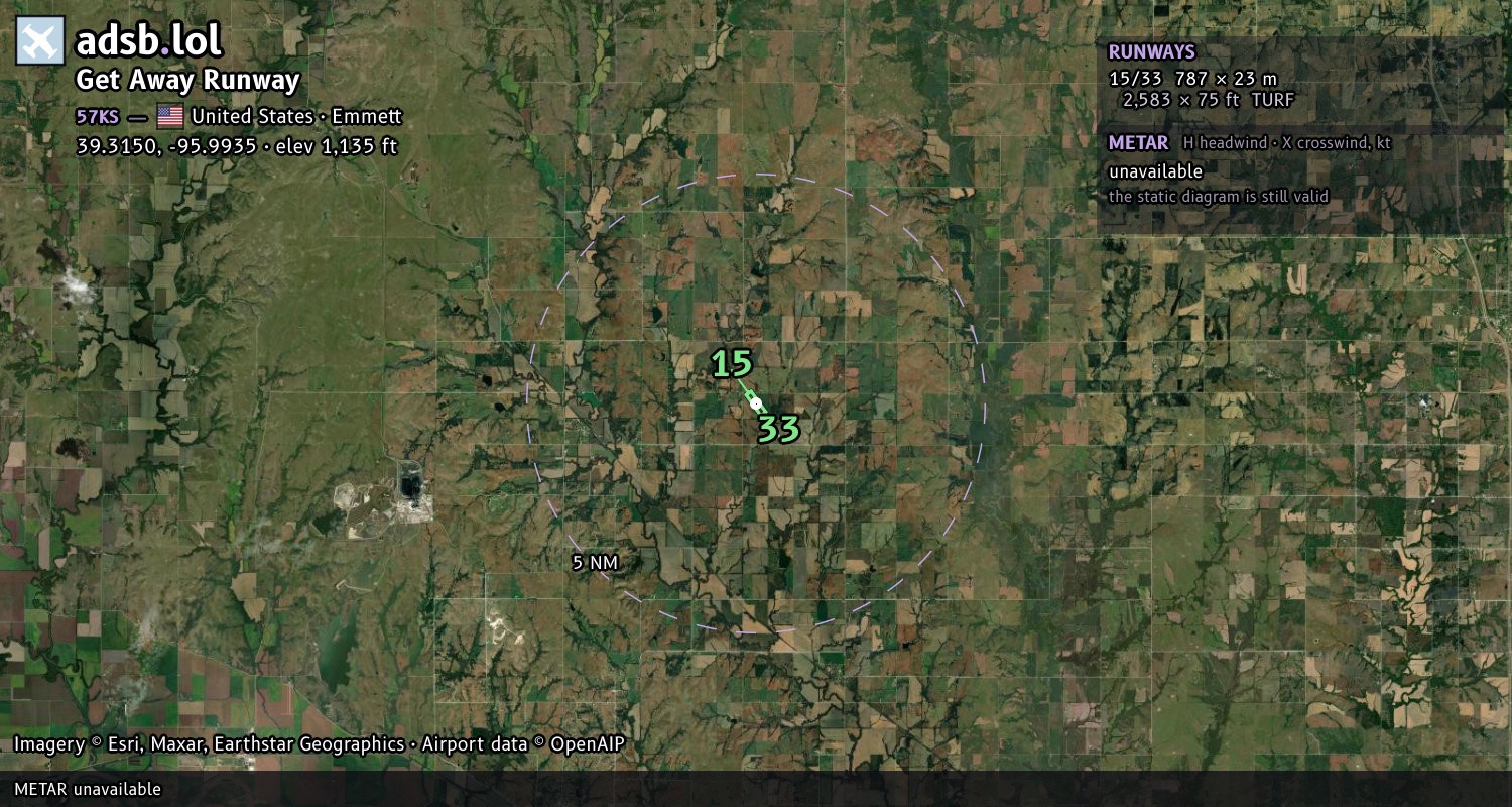 Satellite map with the runway layout of Get Away Runway (57KS)