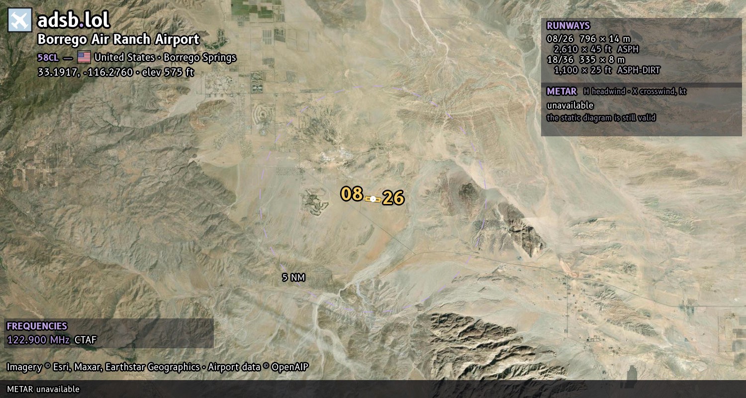 Satellite map with the runway layout of Borrego Air Ranch Airport (58CL)