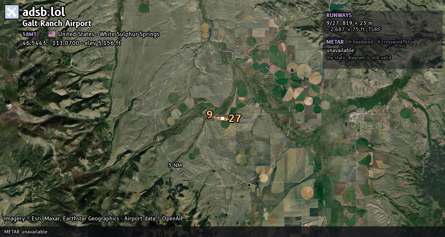 Satellite map with the runway layout of Galt Ranch Airport (58MT)