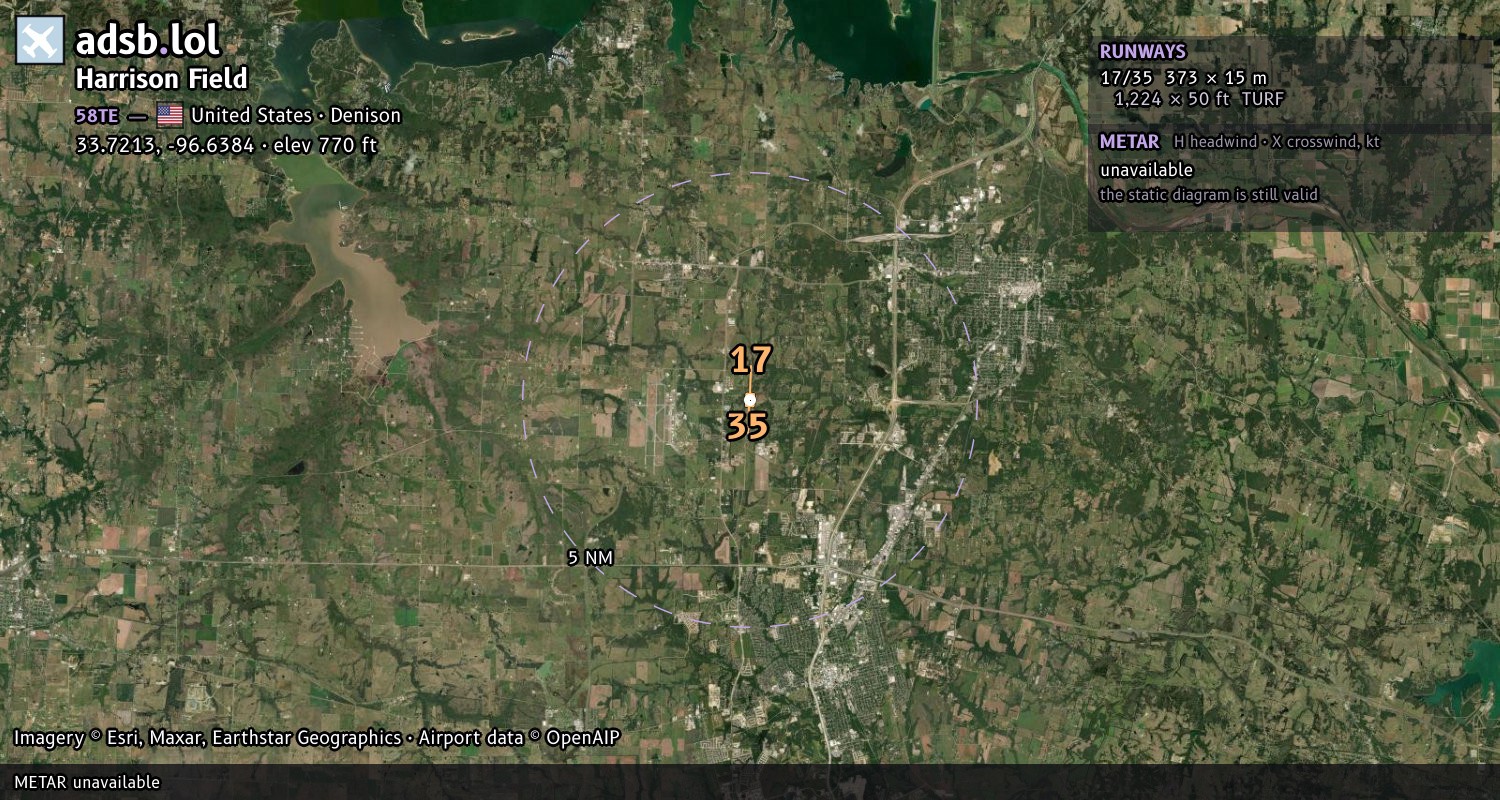 Satellite map with the runway layout of Harrison Field (58TE)