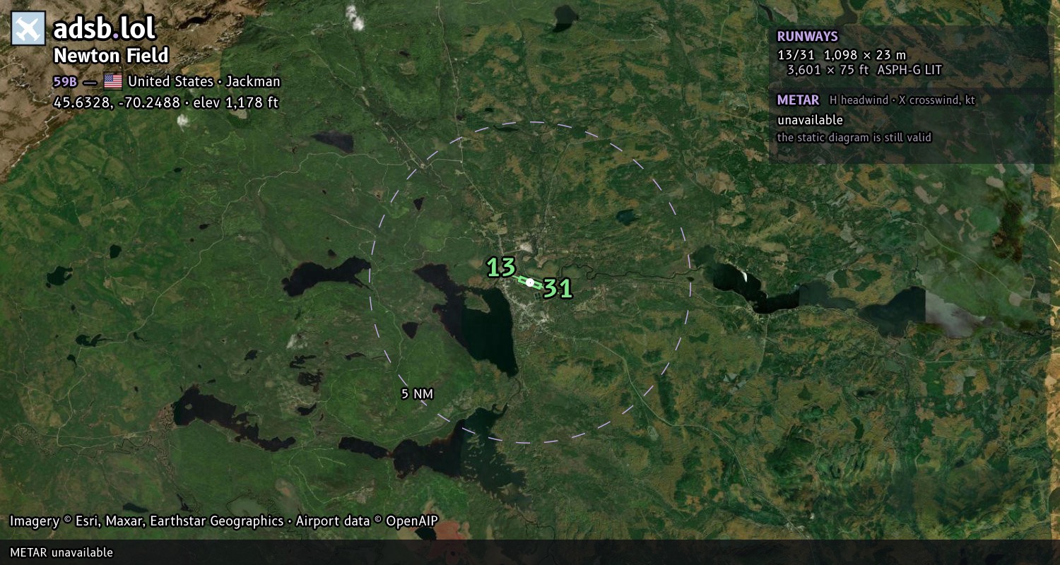 Satellite map with the runway layout of Newton Field (59B)