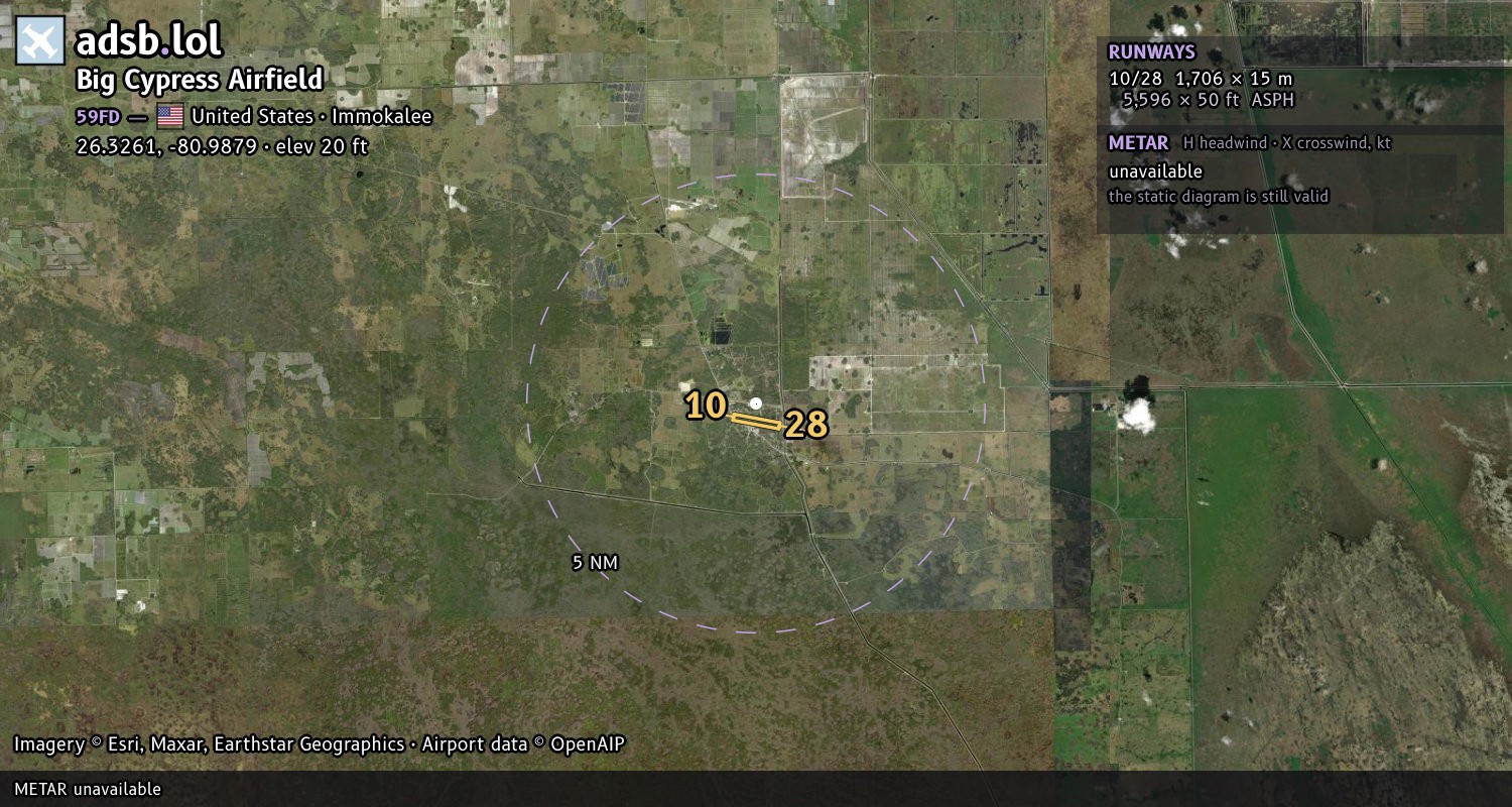 Satellite map with the runway layout of Big Cypress Airfield (59FD)