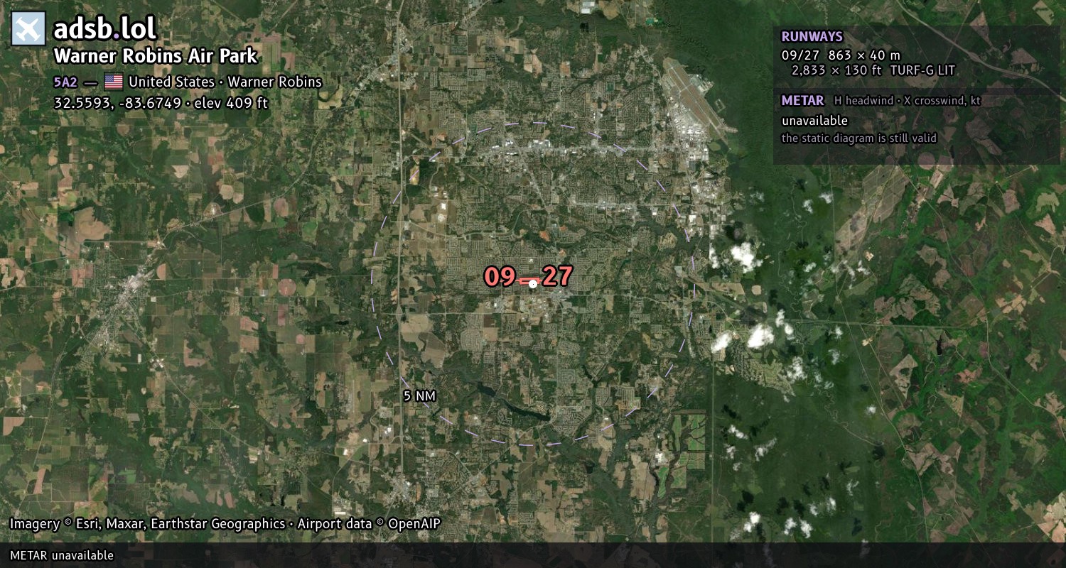 Satellite map with the runway layout of Warner Robins Air Park (5A2)
