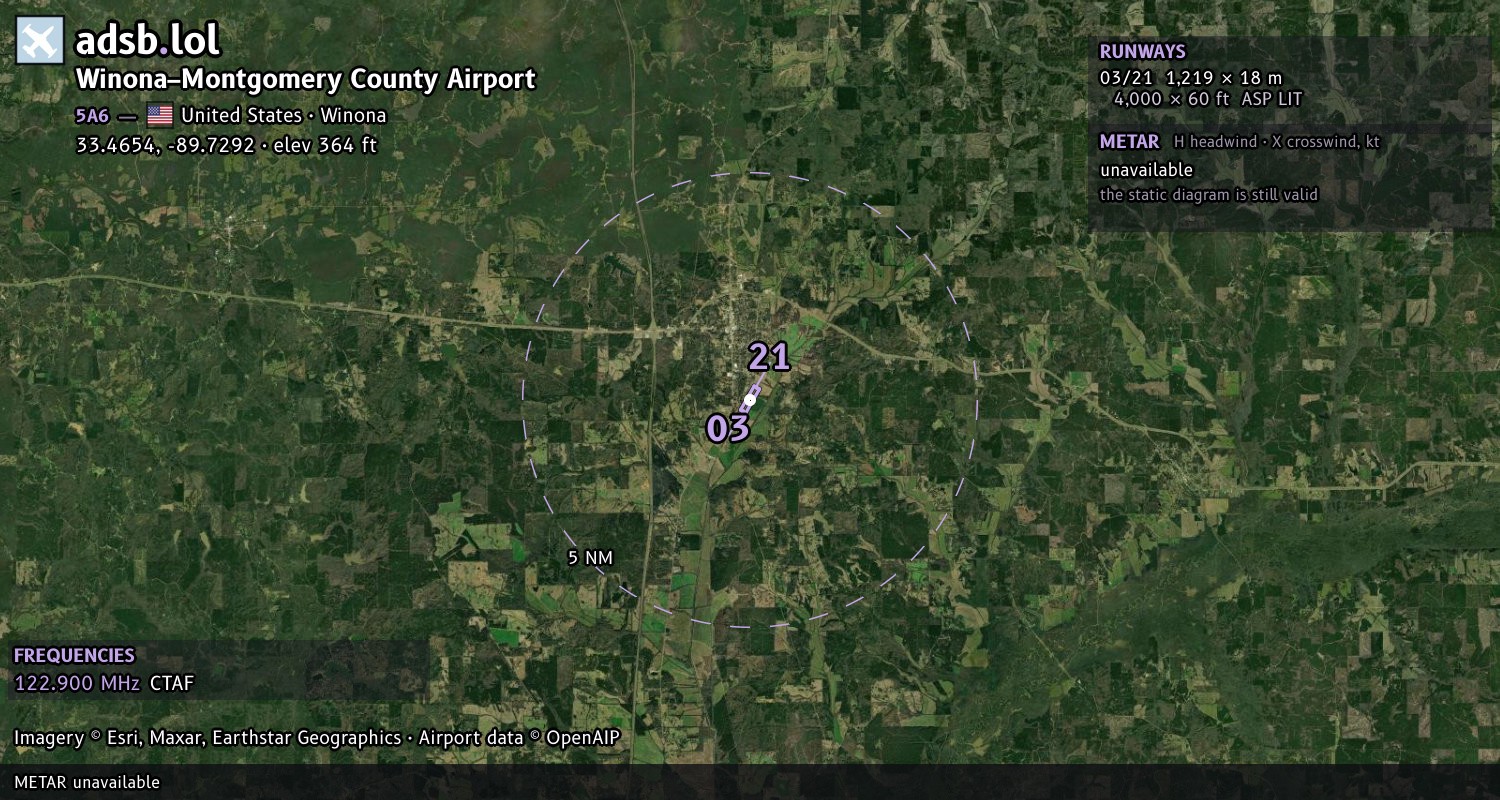 Satellite map with the runway layout of Winona–Montgomery County Airport (5A6)