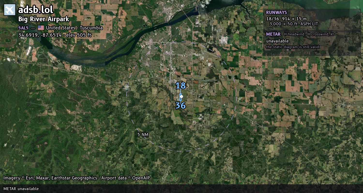 Satellite map with the runway layout of Big River Airpark (5AL5)