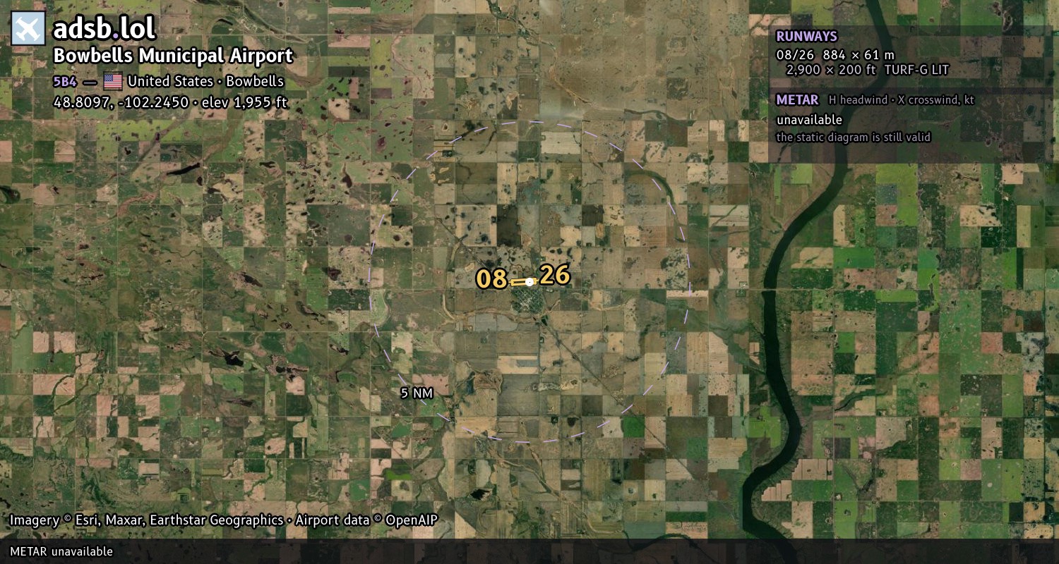 Satellite map with the runway layout of Bowbells Municipal Airport (5B4)