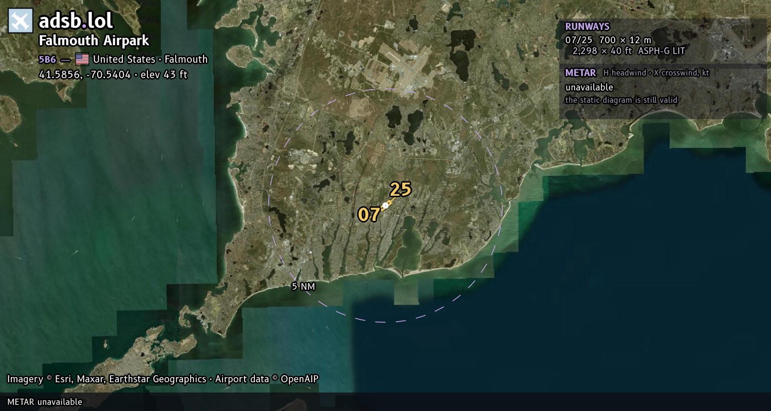 Satellite map with the runway layout of Falmouth Airpark (5B6)